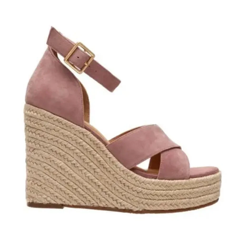 NIB Lisa Vicky Gemi V Dusty Pink Kid Suede 4” Wedge Espadrille Heel Sandal 8.5